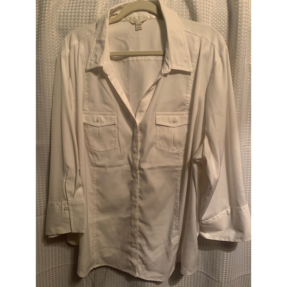 Cato Womens Plus Size 26/28W White Button Down 3/4 Sleeve Shirt Career Blouse